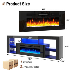 71" Floating Fireplace TV Stand with Electric Fireplace & LED Lights