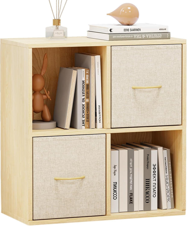 Cube Storage Organizer with Fabric Bins — Solid Wood Bookshelf