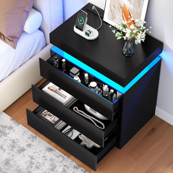 Nightstand with Charging Station and LED Lights – 3 Drawers