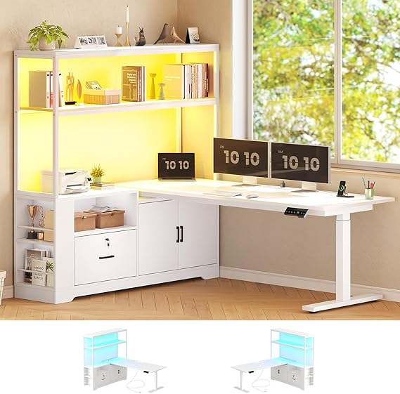 L-Shaped Electric Standing Desk with Storage
