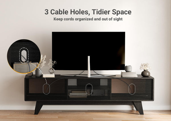 Boho TV Stand with Rattan Storage Cabinets – Fits Up to 70" TV
