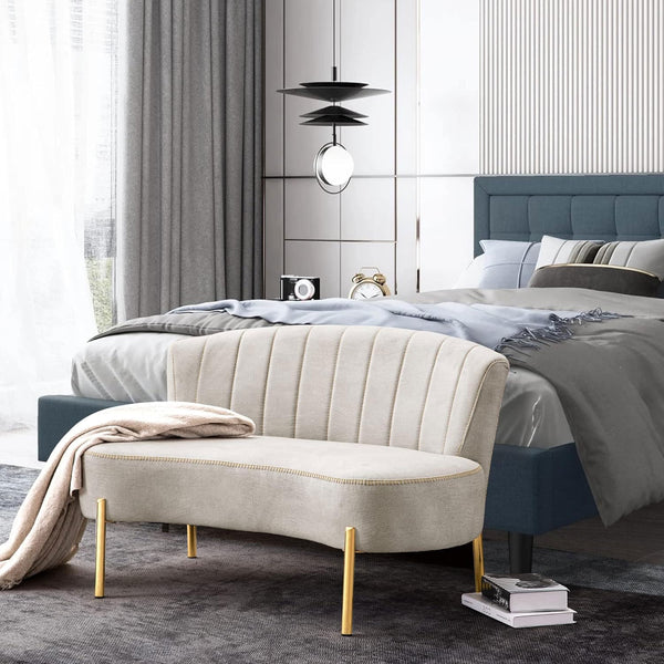 Upholstered Loveseat Bench with Tufted Back & Gold Legs