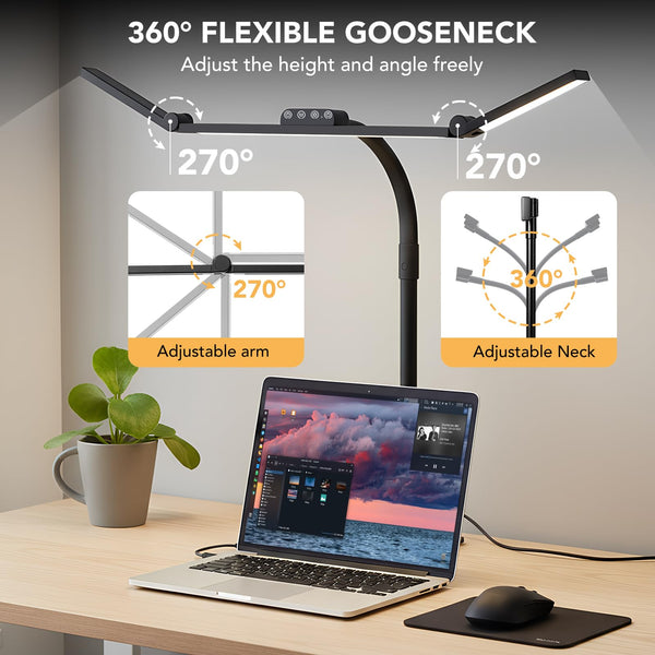 LED Desk Lamp – Triple Light Bar, Gooseneck, Dimmable, CRI 90+