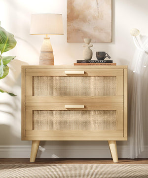 Rattan Nightstand with Charging Station & 2 Drawers
