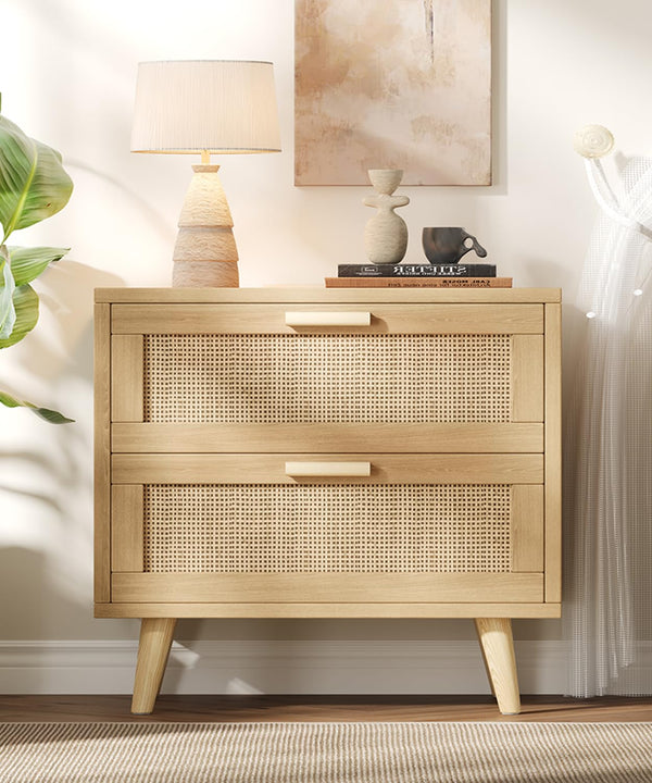 Rattan Nightstand with Charging Station & 2 Drawers