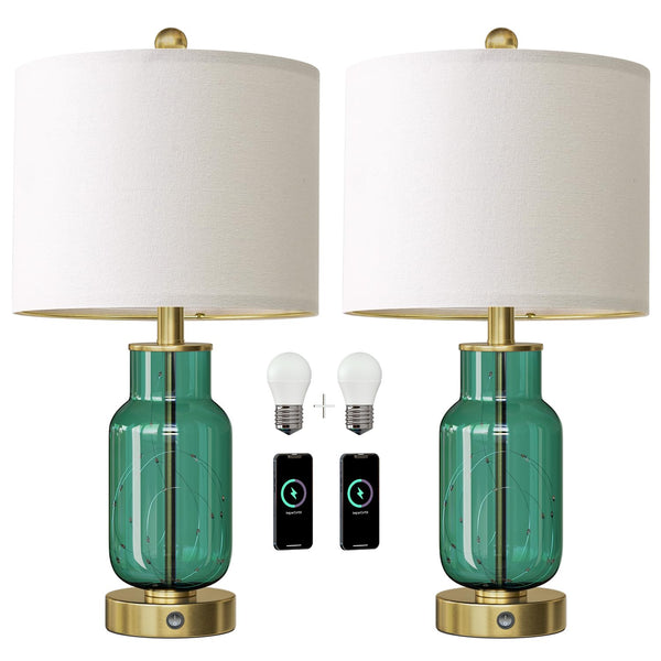 22" Glass Table Lamps Set of 2 with LED Night Light & USB Ports