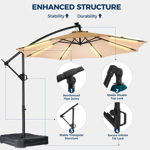 10 ft Offset Patio Umbrella with Solar LED Lights & Base