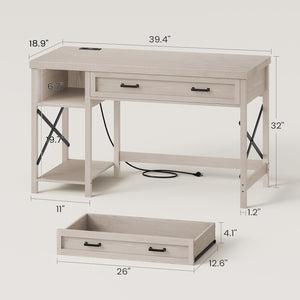 SEDETA Farmhouse Small Desk with Drawers, 40" Computer Desk with Storage Shelves, Writing Desk for Small Space and Power Outlet, Desk for Bedroom, Home Office, Mahogany Grey