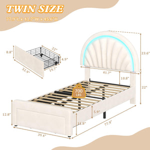 Twin Upholstered LED Bed Frame with Shell Headboard, Storage Drawer & Charging Station