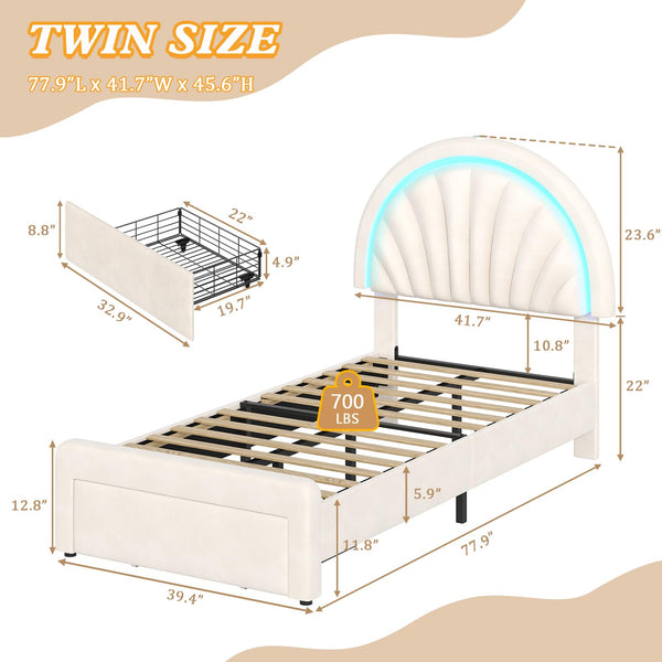 Twin Upholstered LED Bed Frame with Shell Headboard, Storage Drawer & Charging Station