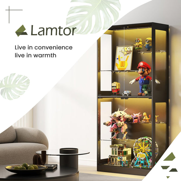 69-Inch Glass Display Cabinet with RGB Lighting & Adjustable Shelves