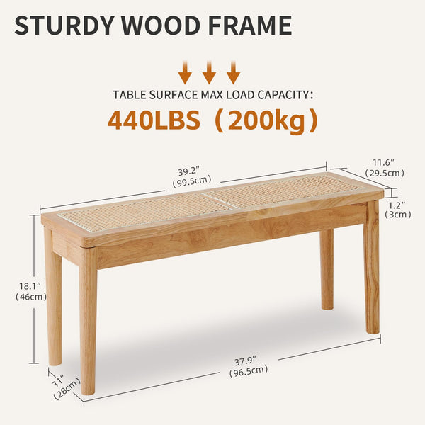 40" Wooden Dining Bench with Woven Rattan Seat