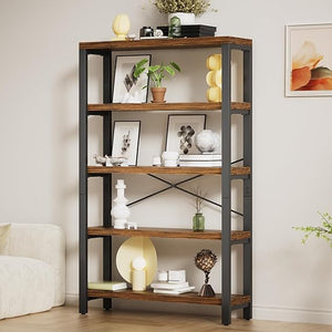 5-Tier Industrial Bookshelf with Metal Frame – Rustic Brown