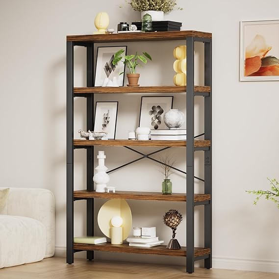 5-Tier Industrial Bookshelf with Metal Frame – Rustic Brown