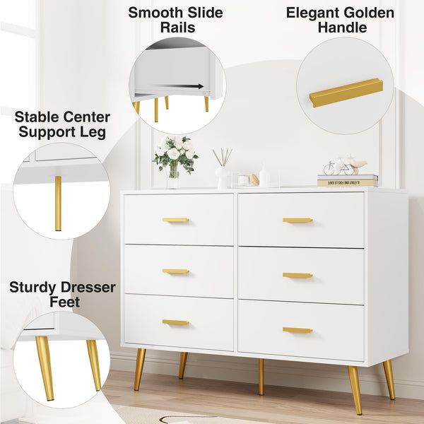 6-Drawer Dresser with Gold Handles | Modern Wooden Chest for Bedroom