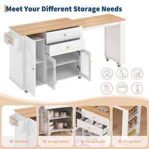 Extendable Rolling Kitchen Island with Storage Cabinet, Drawers & Shelves