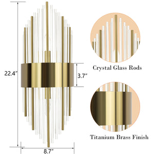 Gold Crystal Wall Sconces Set of 2 – Mid-Century Modern Glass Wall Light Fixtures