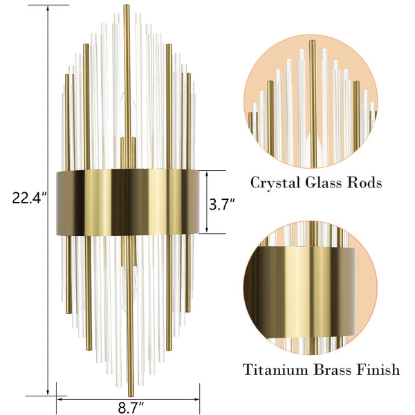 Gold Crystal Wall Sconces Set of 2 – Mid-Century Modern Glass Wall Light Fixtures