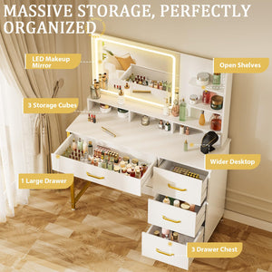 Lighted Makeup Vanity Table with Mirror, 4 Drawers & Storage Shelves