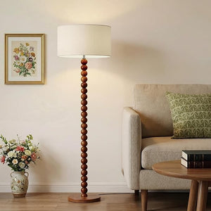61" Beaded Wood Floor Lamp with Linen Shade
