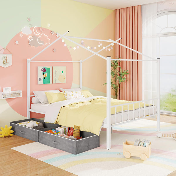 Full Size Metal House Bed with 2 Storage Drawers