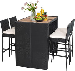5-Piece Outdoor Wicker Bar Set with Acacia Wood Table & 4 Bar Stools