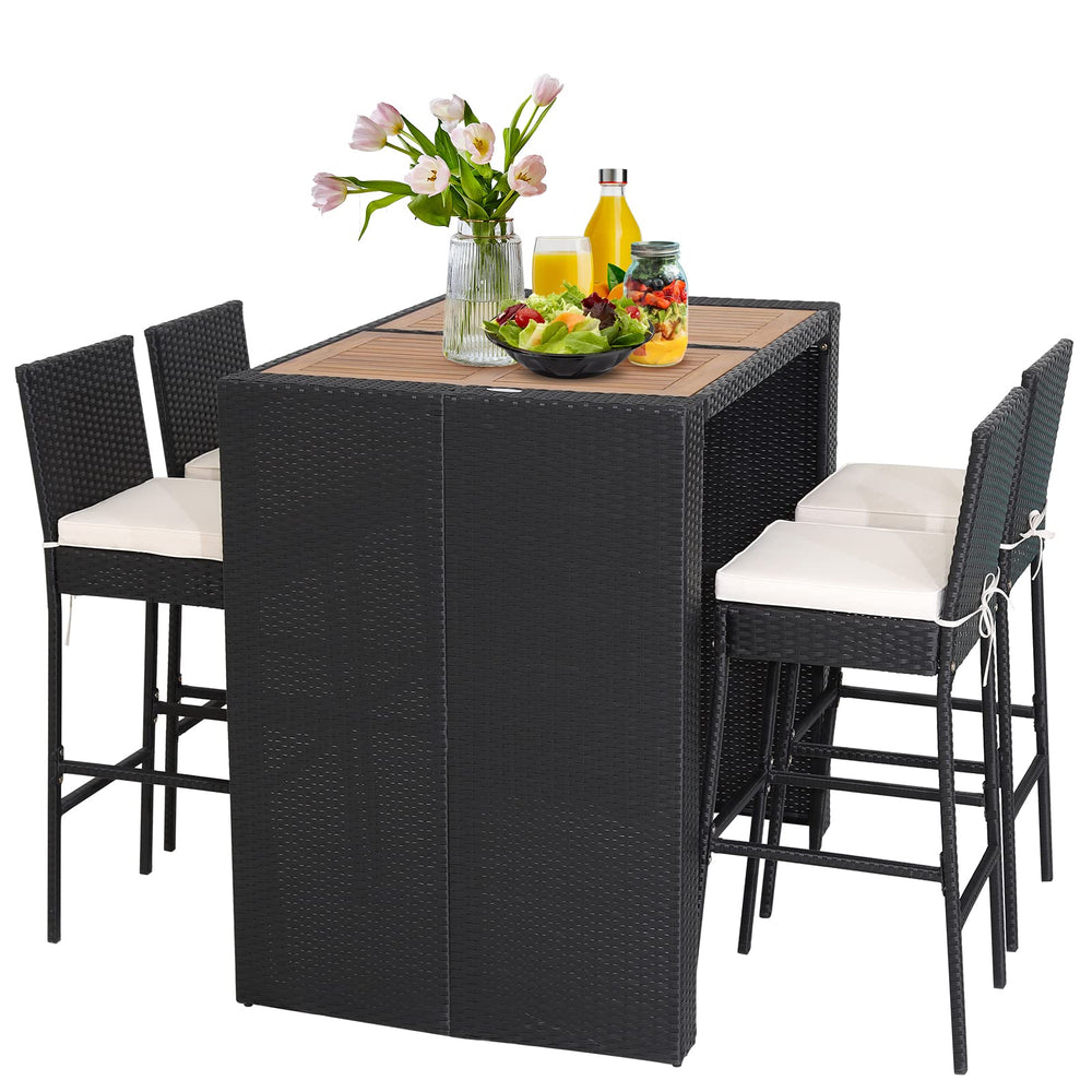 5-Piece Outdoor Wicker Bar Set with Acacia Wood Table & 4 Bar Stools