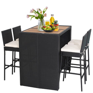 5-Piece Outdoor Wicker Bar Set with Acacia Wood Table & 4 Bar Stools