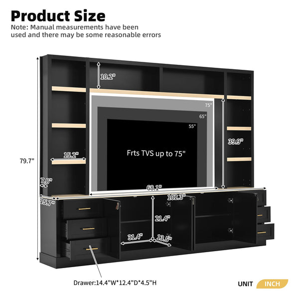 102.3" Farmhouse 4-Piece Entertainment Center with Drawers & Adjustable Shelves