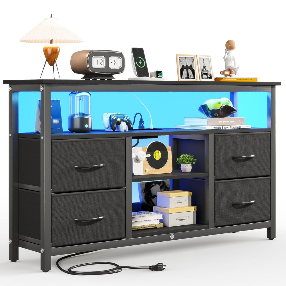 Black TV Stand with LED Lights and Power Outlets for 55 Inch TVs