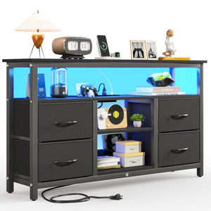 Black TV Stand with LED Lights and Power Outlets for 55 Inch TVs