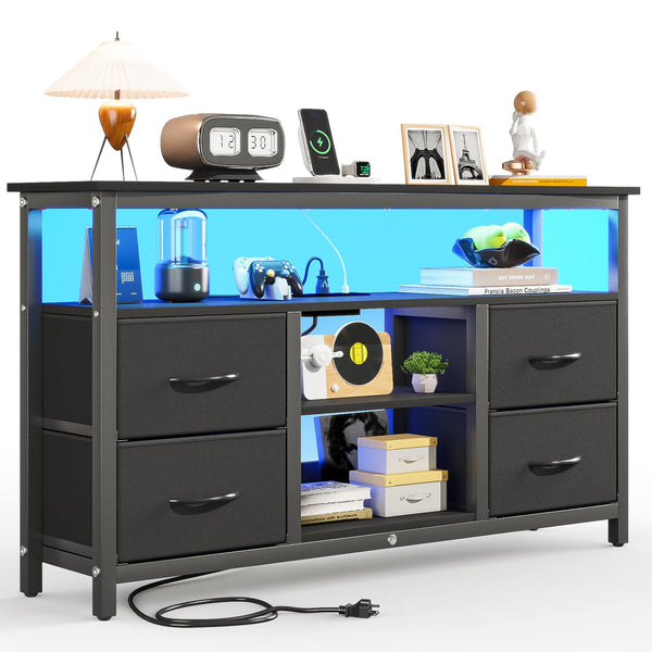 Black TV Stand with LED Lights and Power Outlets for 55 Inch TVs