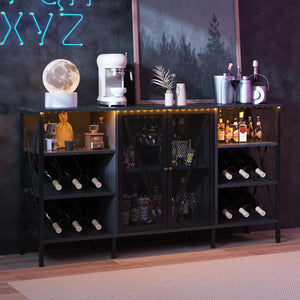 Rustic Wine Bar Cabinet with Wine Rack, Glass Holder & LED Light