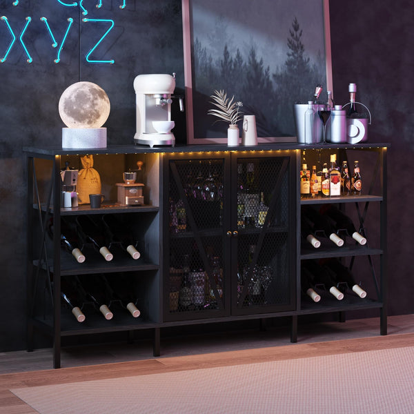 Rustic Wine Bar Cabinet with Wine Rack, Glass Holder & LED Light
