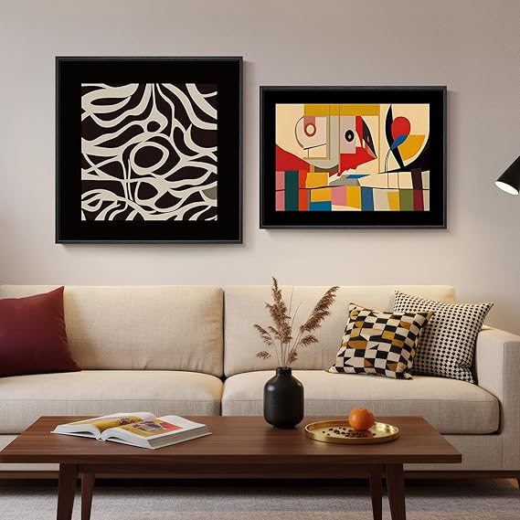 Abstract Canvas Wall Art Set of 2 – Framed Geometric & Line Prints, 24x24 & 24x18 In