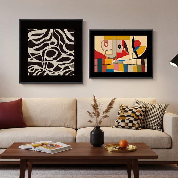 Abstract Canvas Wall Art Set of 2 – Framed Geometric & Line Prints, 24x24 & 24x18 In