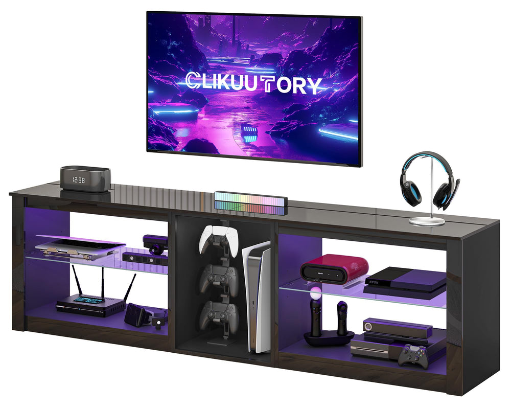 63-Inch High Gloss TV Stand with LED Lights & Glass Shelves