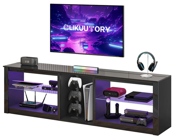 63-Inch High Gloss TV Stand with LED Lights & Glass Shelves
