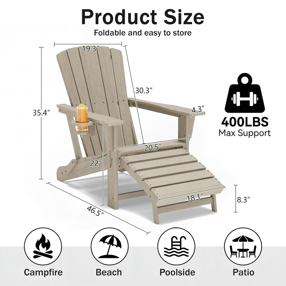 Folding Adirondack Chair with Retractable Ottoman & Cup Holder — HDPE All-Weather Outdoor Lounge Chair