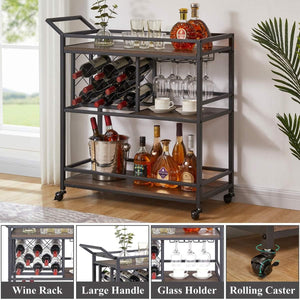 Rolling Bar Cart with Wine Rack & Stemware Holder