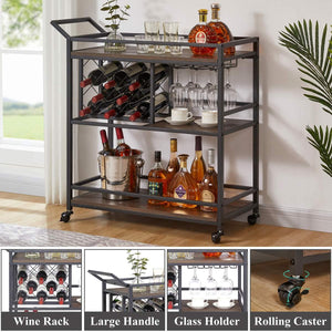 Rolling Bar Cart with Wine Rack & Stemware Holder