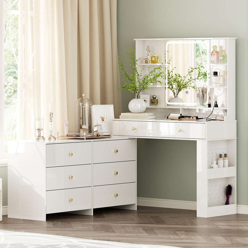 Makeup Vanity Desk with Mirror, Lights & 8 Drawers
