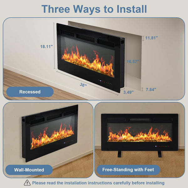 Electric Fireplace Wall Mounted Recessed Freestanding with Remote