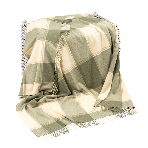 Irish Lambswool Throw Blanket – Cream & Green Check Tartan