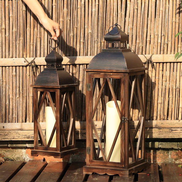 Large Farmhouse Wooden Metal Lantern Set of 2 - Rustic Indoor Outdoor Hanging Candle Lanterns