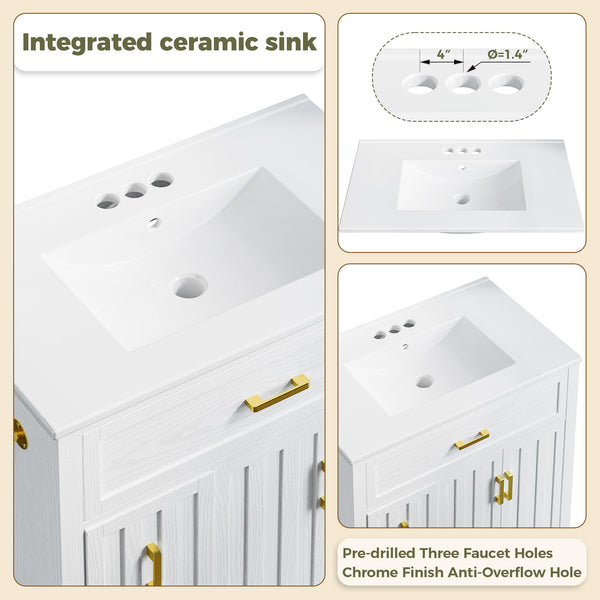 30" Bathroom Vanity with Ceramic Sink, Soft-Close Drawers & Towel Bar – White