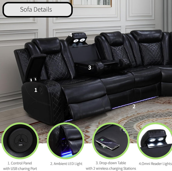 Power Recliner Sectional Sofa with LED Light & Storage Console