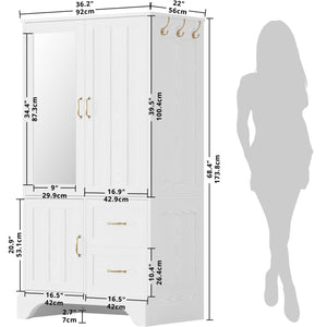 3-Door Wardrobe Armoire with Mirror, Hanging Rod & 2 Drawers – White