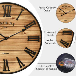 Farmhouse Wall Clock – Silent, Battery-Operated, Rustic Wood Finish