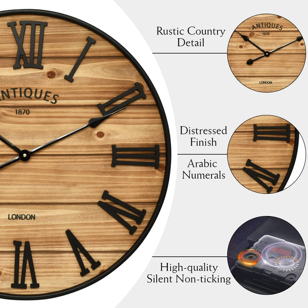 Farmhouse Wall Clock – Silent, Battery-Operated, Rustic Wood Finish